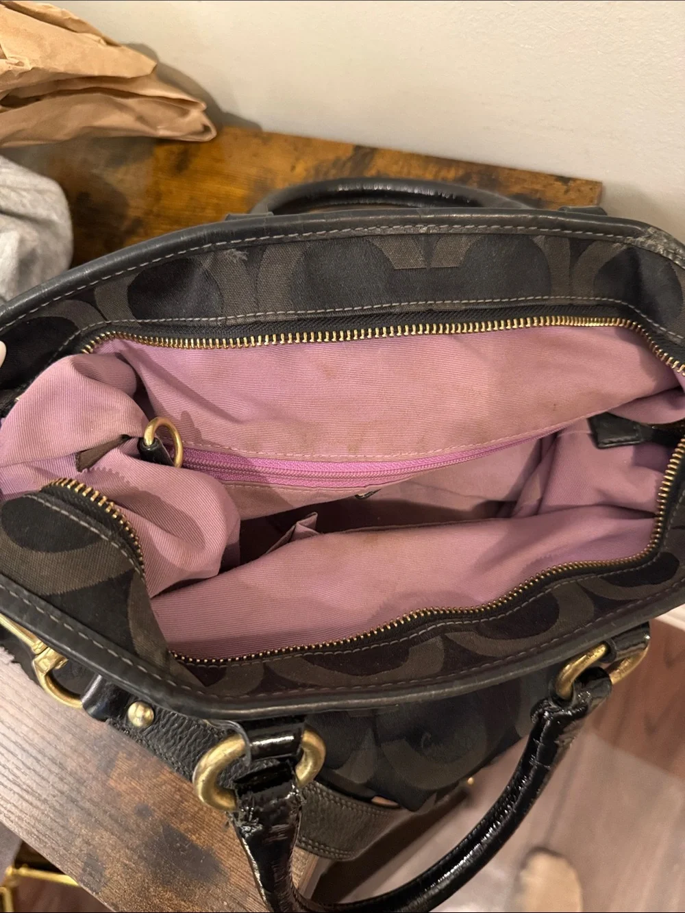 Coach Black Signature Shoulder Bag with Gold Hardware